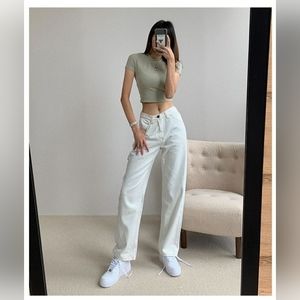 YesStyle White High Waist Wide Leg Cargo Jeans